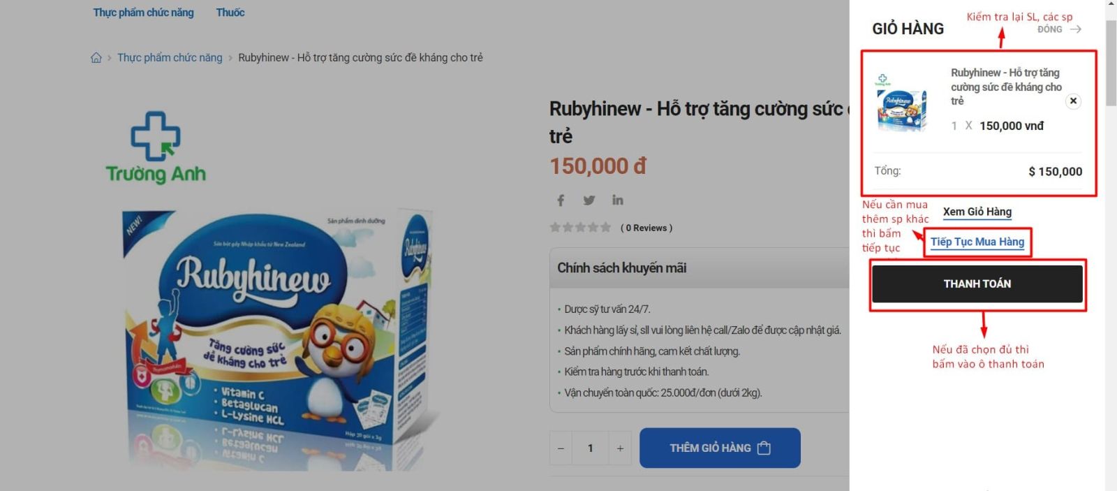 Kiểm tra số lượng, tiếp tục mua hoặc thanh toán đơn hàng tại Congbotpcn